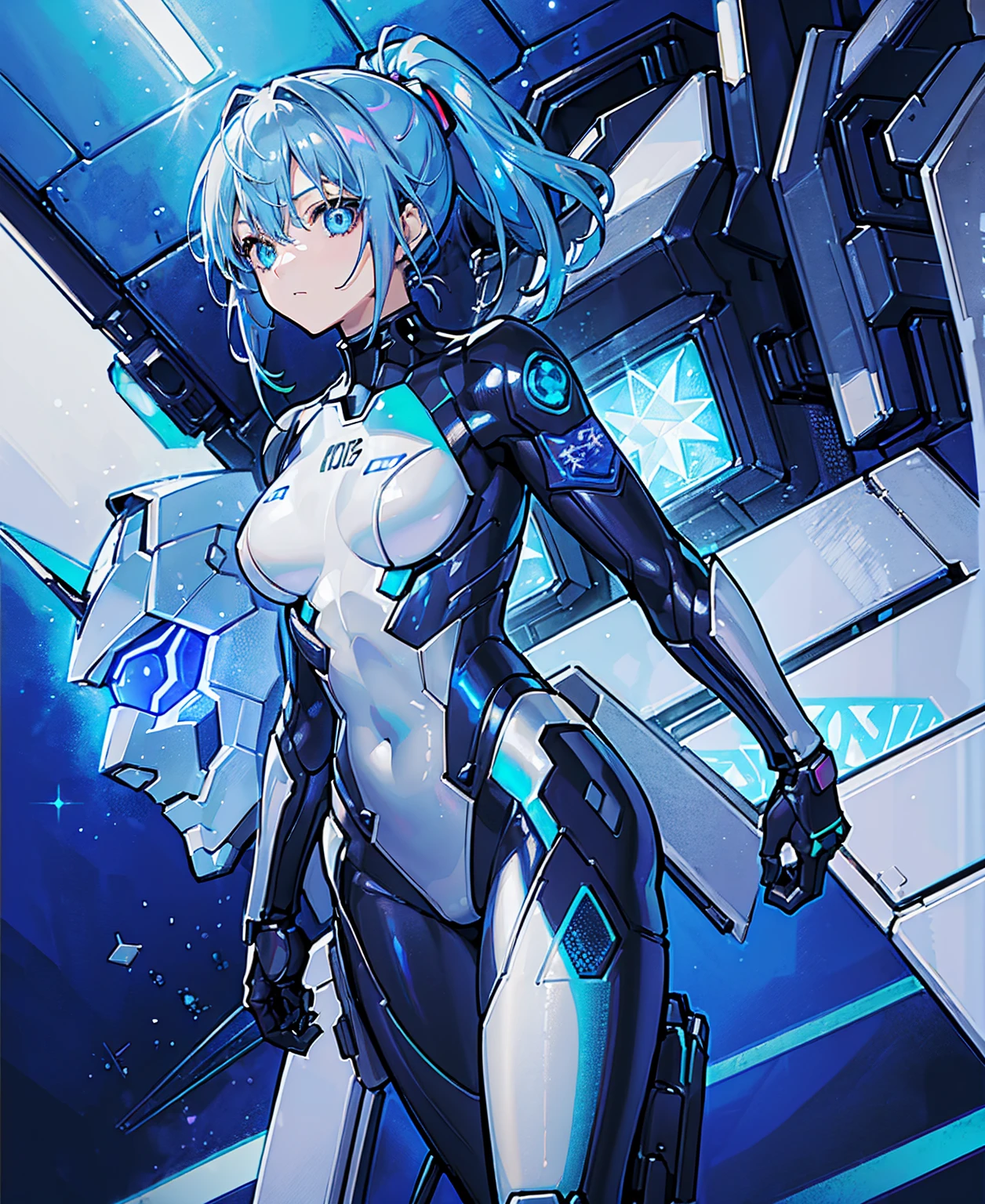 ((Holographic glow effect)),Blue Hair、Masterpiece、Best Quality、1 girl、Medium breast、((Album cover))、Light on Face、Slim Body、Blue Costume、Exoskeleton、metal Gear、Cyberpunk Style、ponytail、The Gundam pilot、attention arousal,Ride a fighter