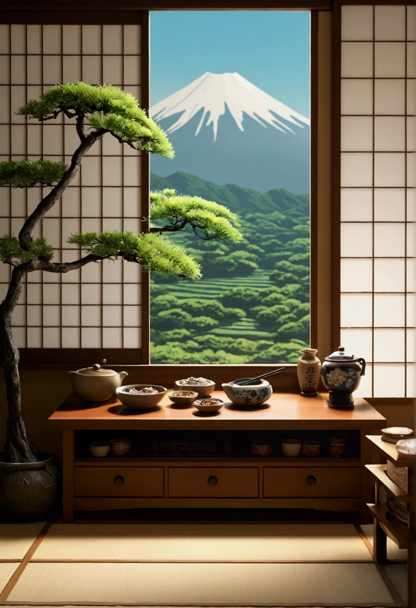 Yagura、Japanese style(画像中央のJapanese styleの建築1.2)Placed in a detailed still life scene in a diorama、kitsch、high tech、distinct、Cinematic、Anime influences、ultra modern、Sharp Focus、Wide-angle lens、landscape