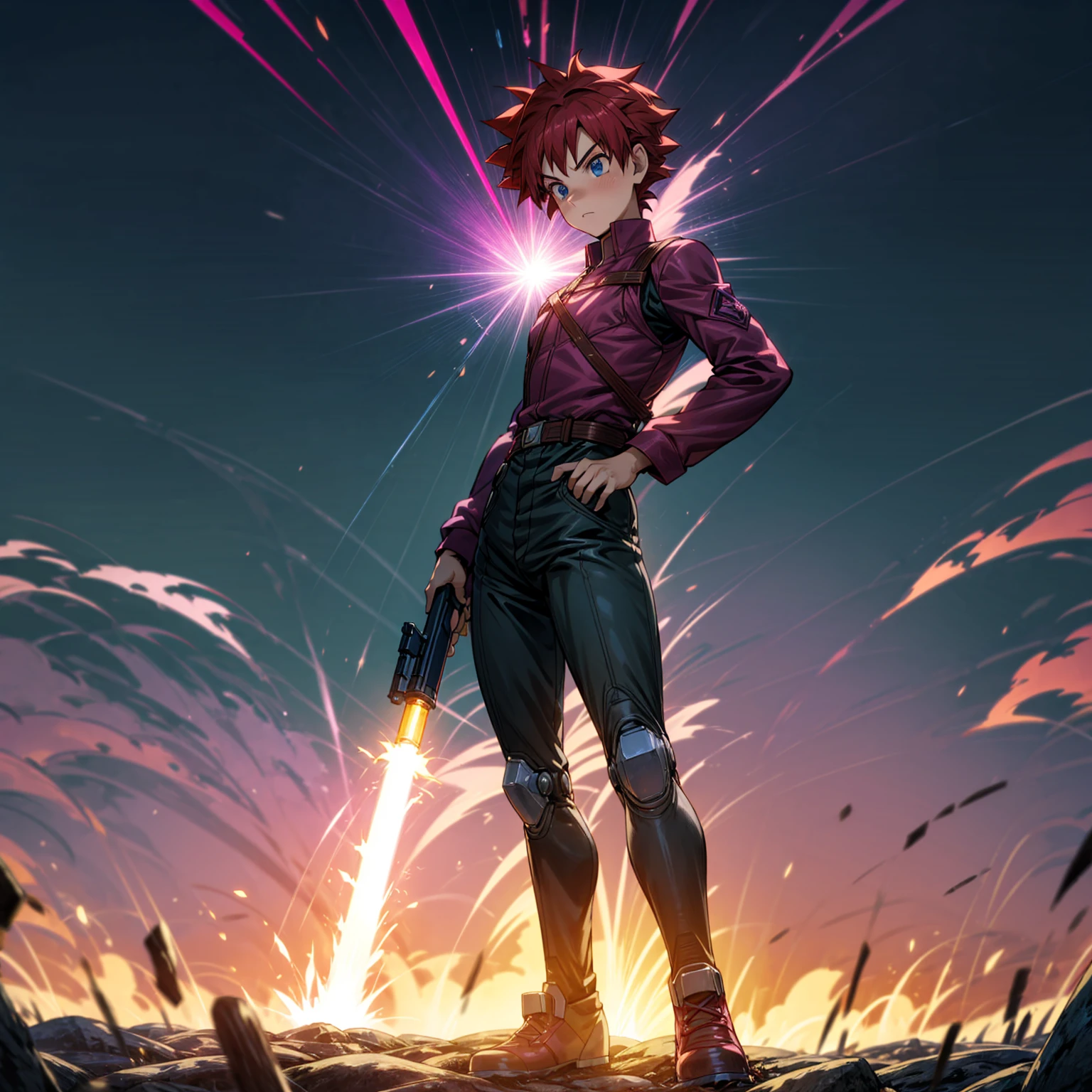 1boy, muscle, Full body version, 1character, blue eyes, short haircut, magenta color hair, Farmer style outfit, Boots, Grassroots, full background in field, motion blur, lighting, (Hunter x Hunter style art), big shotgun in hand, big weapon in hand, robot Shield in hand, smoke effect, fire effect, lighting on gun, plasma effect,