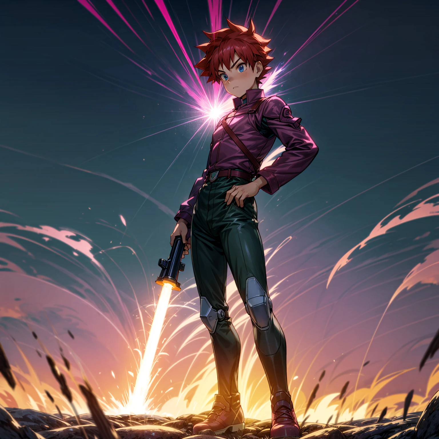 1boy, muscle, Full body version, 1character, blue eyes, short haircut, magenta color hair, Farmer style outfit, Boots, Grassroots, full background in field, motion blur, lighting, (Hunter x Hunter style art), big shotgun in hand, big weapon in hand, robot Shield in hand, smoke effect, fire effect, lighting on gun, plasma effect,