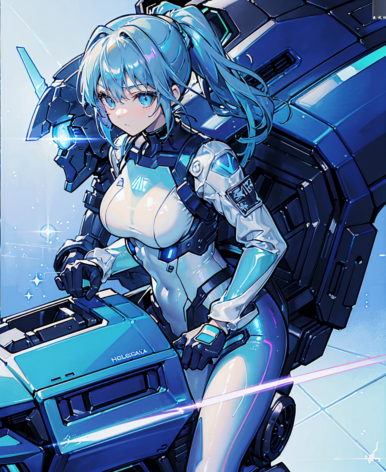 ((Holographic glow effect)),Blue Hair、Masterpiece、Best Quality、1 girl、Medium breast、((Album cover))、Light on Face、Slim Body、Blue Costume、Exoskeleton、metal Gear、Cyberpunk Style、ponytail、The Gundam pilot、attention arousal,Ride a fighter