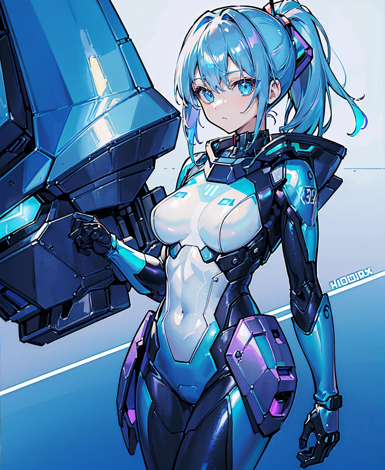 ((Holographic glow effect)),Blue Hair、Masterpiece、Best Quality、1 girl、Medium breast、((Album cover))、Light on Face、Slim Body、Blue Costume、Exoskeleton、metal Gear、Cyberpunk Style、ponytail、The Gundam pilot、attention arousal,Ride a fighter