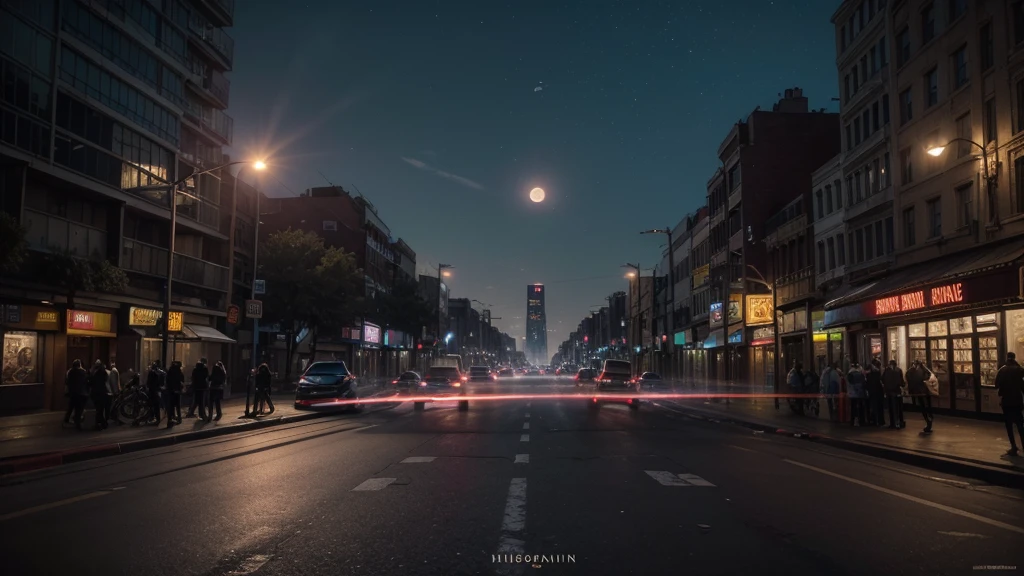 highly detailed, realistic, photorealistic, 8K, masterpiece, cinematic lighting, vibrant colors, hyper-realistic, studio quality, award-winning art, (urban environment), (signs of violence, gunshot marks, shadowy lighting), (night, red full moon).