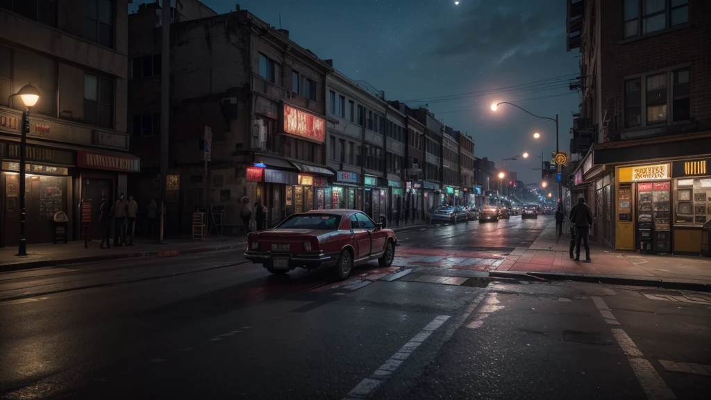 highly detailed, realistic, photorealistic, 8K, masterpiece, cinematic lighting, vibrant colors, hyper-realistic, studio quality, award-winning art, (urban environment), (signs of violence, gunshot marks, shadowy lighting), (night, red full moon).