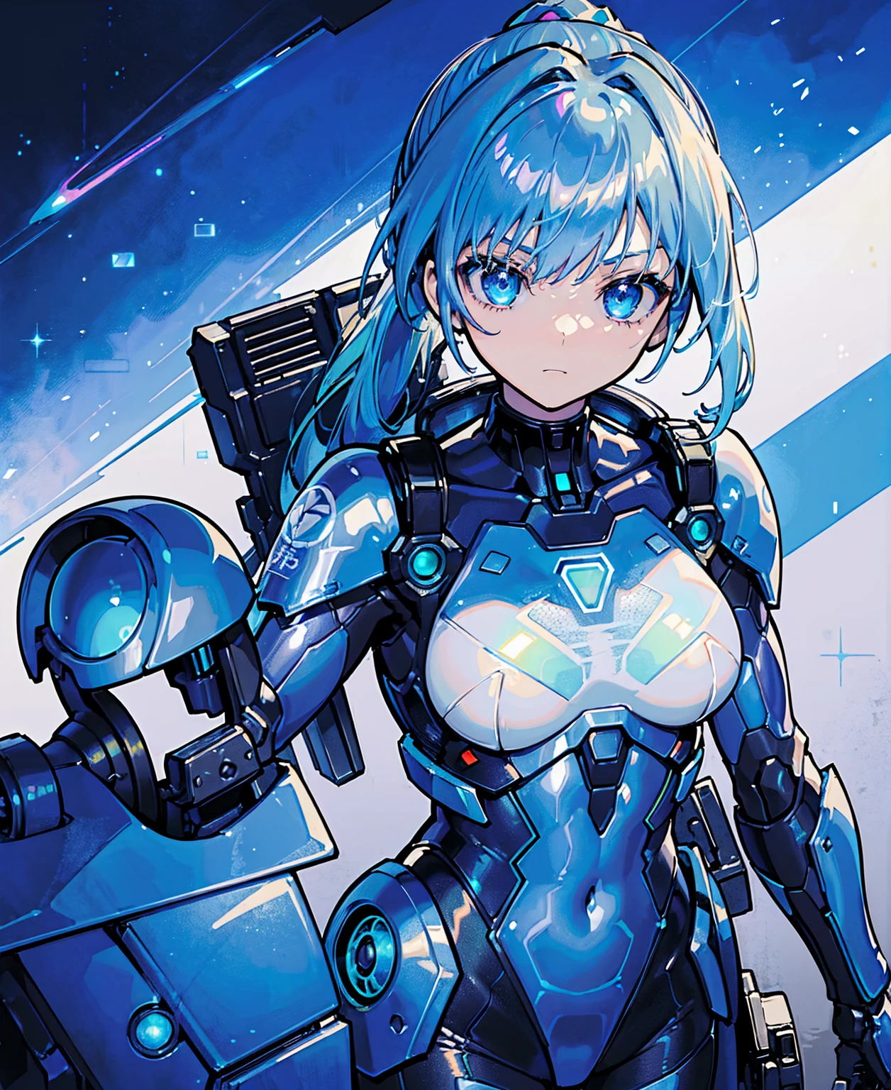 ((Holographic glow effect)),Blue Hair、Masterpiece、Best Quality、1 girl、Medium breast、((Album cover))、Light on Face、Slim Body、Blue Costume、Exoskeleton、metal Gear、Cyberpunk Style、ponytail、The Gundam pilot、attention arousal,Ride a fighter