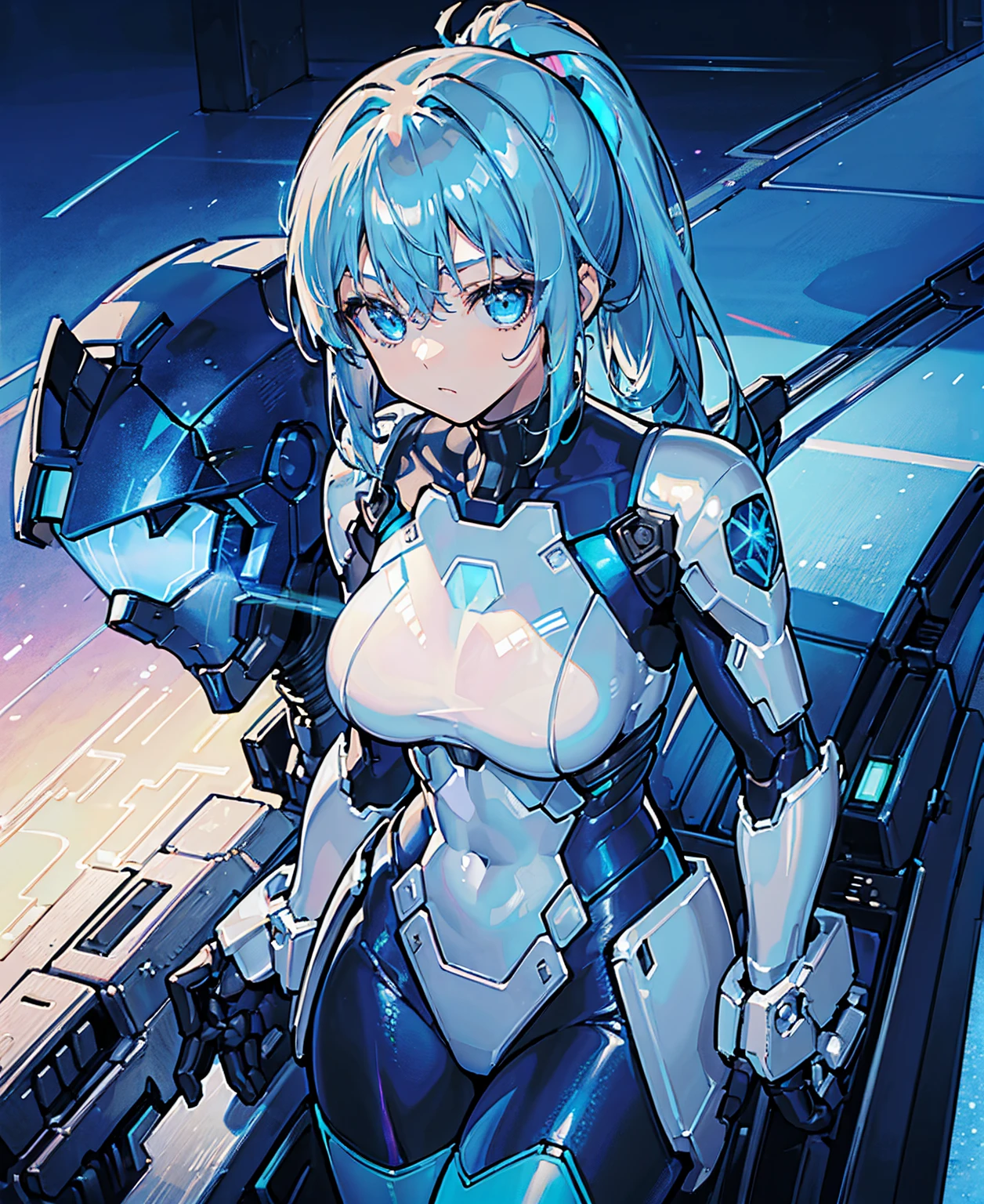 ((Holographic glow effect)),Blue Hair、Masterpiece、Best Quality、1 girl、Medium breast、((Album cover))、Light on Face、Slim Body、Blue Costume、Exoskeleton、metal Gear、Cyberpunk Style、ponytail、The dam pilot、attention arousal,Ride a fighter