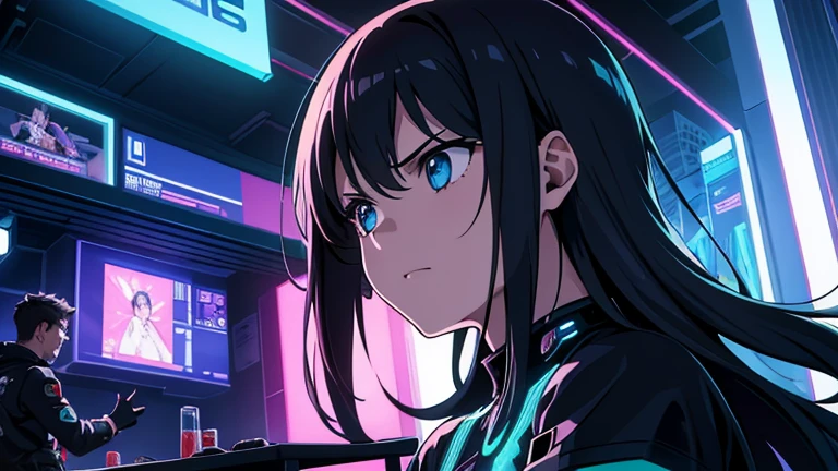 masterpiece,best quality,super detailed illustration, high definition, dynamic angles, beautiful details, 8K, summer night BREAK In a cyberpunk world of glowing neon lights and futuristic buildings, two BREAKs are playing chess: one is a man with a serious expression and a hint of sweat on his face. The other is a female android with a cool demeanor.