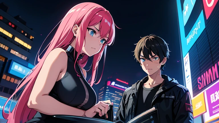 masterpiece,best quality,super detailed illustration, high definition, dynamic angles, beautiful details, 8K, summer night BREAK In a cyberpunk world of glowing neon lights and futuristic buildings, two BREAKs are playing chess: one is a man with a serious expression and a hint of sweat on his face. The other is a female android with a cool demeanor.