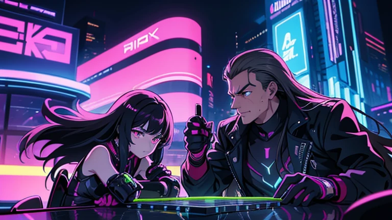 masterpiece,best quality,super detailed illustration, high definition, dynamic angles, beautiful details, 8K, summer night BREAK In a cyberpunk world of glowing neon lights and futuristic buildings, two BREAKs are playing chess: one is a man with a serious expression and a hint of sweat on his face. The other is a female android with a cool demeanor.
