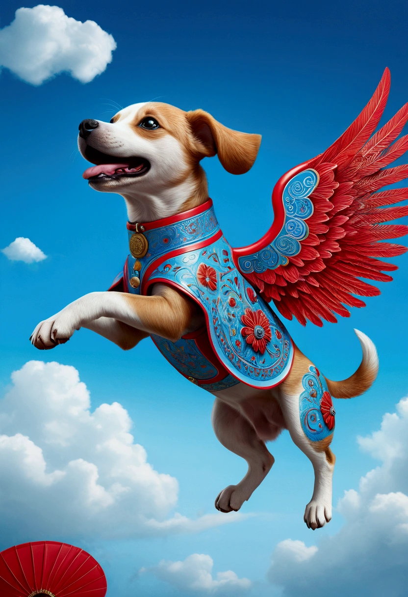 (Flying Puppy), sky, in Folk Art style, featuring (sky blue and china red) traditional motifs, full body, award-winning, cinematic still, emotional, vignette, dynamic, vivid, (masterpiece, best quality, Professional, perfect composition, very aesthetic, absurdres, ultra-detailed, intricate details:1.3)
