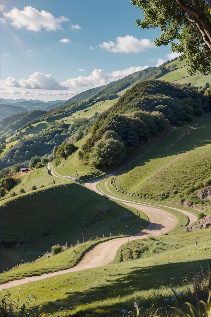 Create an ultra-realistic image of a hilly landscape with lush green hills. The atmosphere should be friendly and bright, with a sunny daytime setting. The image should evoke a vacation feeling.