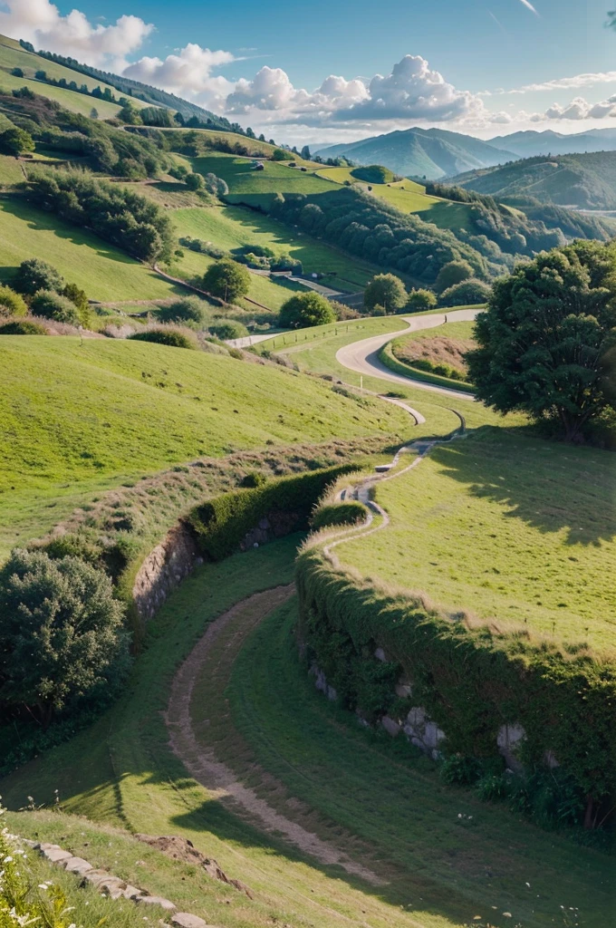 Create an ultra-realistic image of a hilly landscape with lush green hills. The atmosphere should be friendly and bright, with a sunny daytime setting. The image should evoke a vacation feeling.