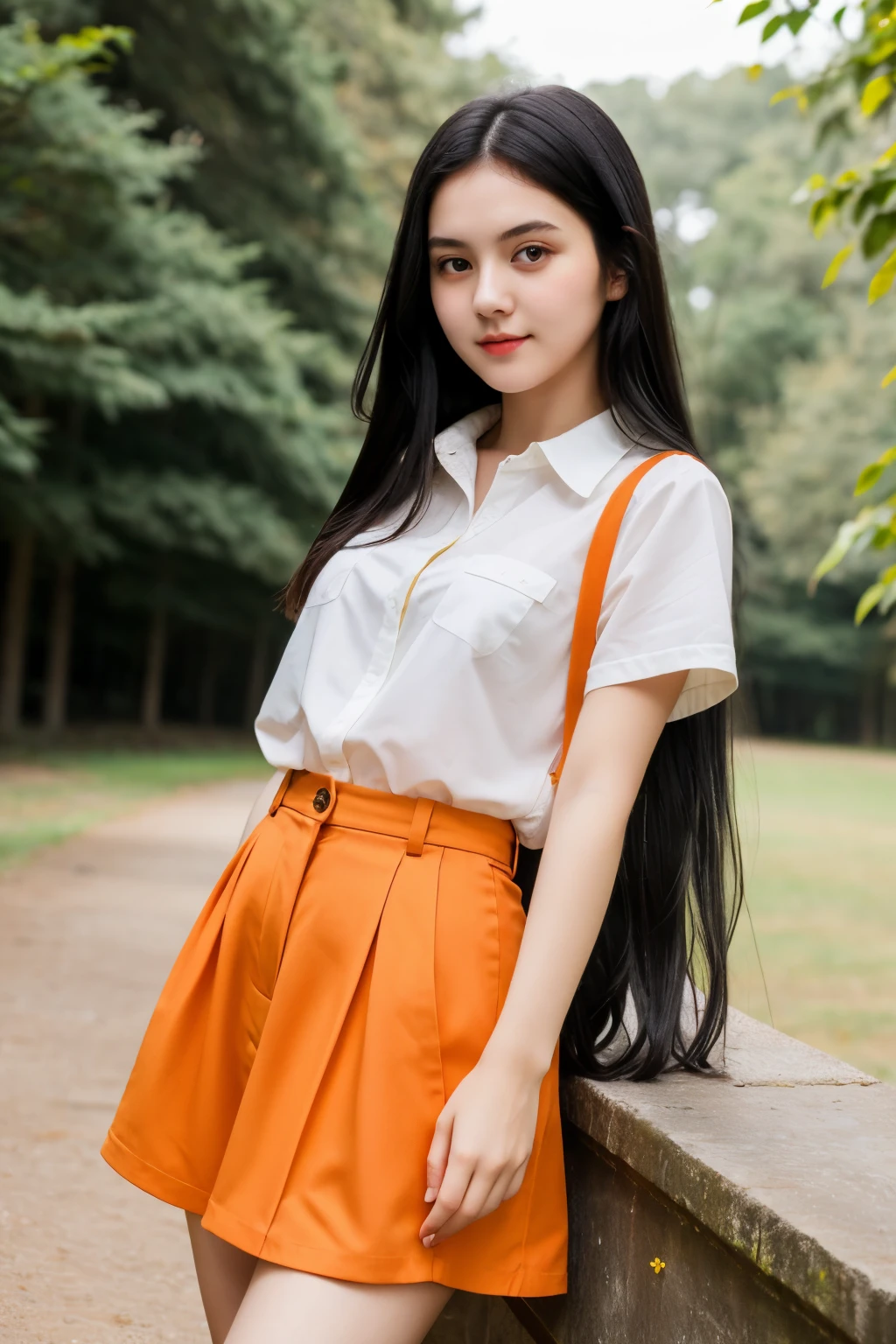 ((best quality)),((Tracking)), ((​masterpiece)), (detailed), 1 girl, long black hair , dark green eyes, 18 years old , transparent light orange very short clothing 