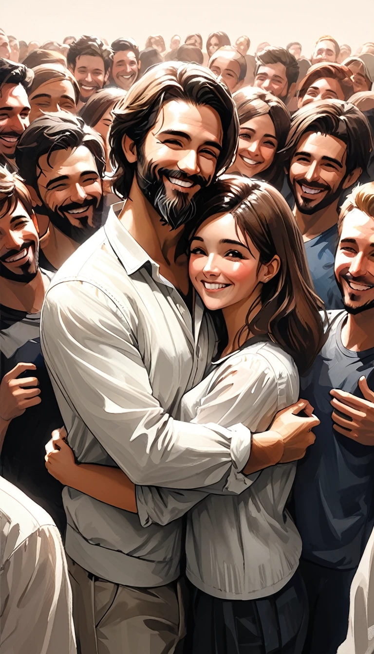 Sam Spratt style - realistic style, smiling man hugging, with medium brown hair and medium beard standing next to a bunch of people