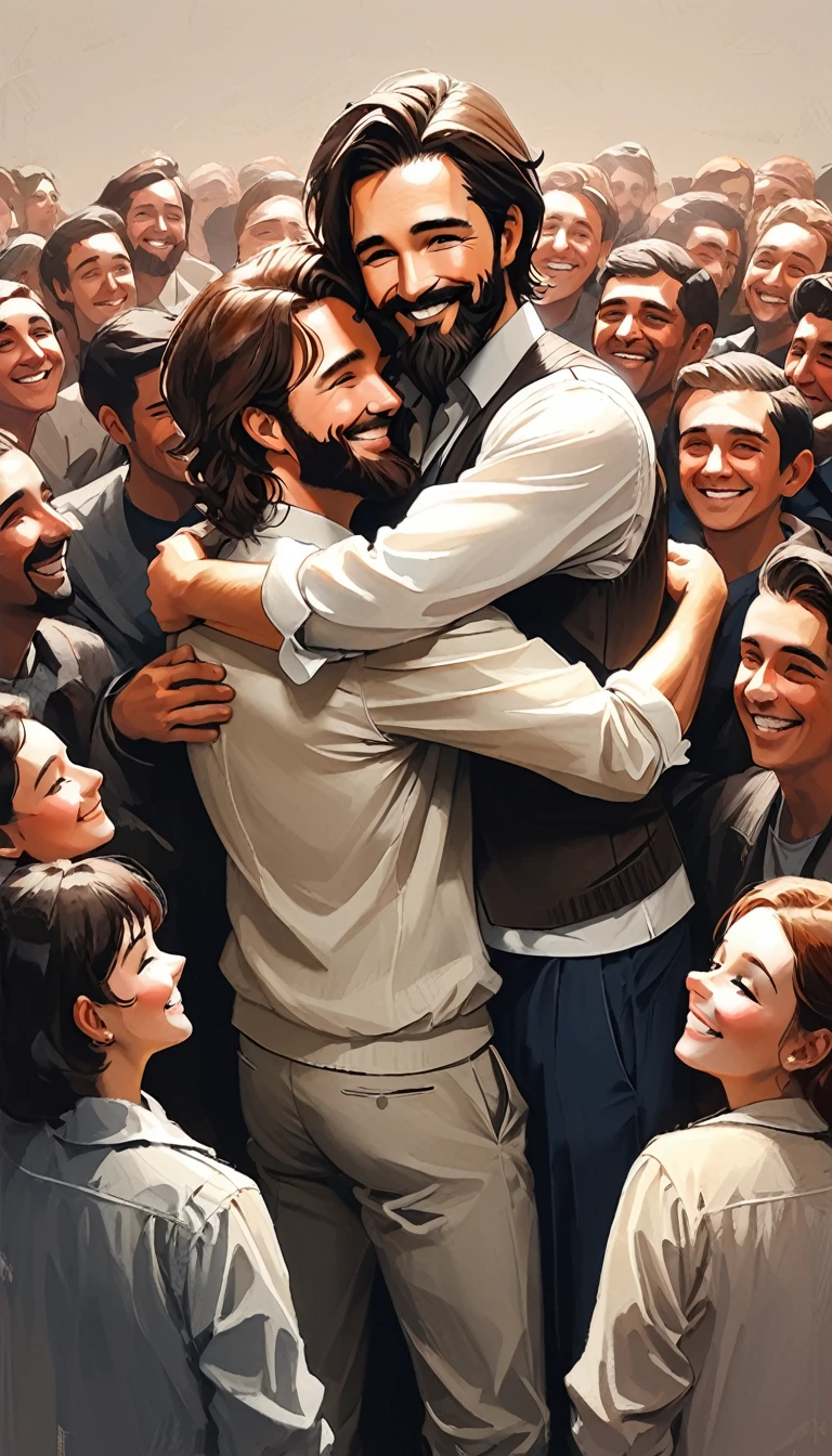 Sam Spratt style - realistic style, smiling man hugging, with medium brown hair and medium beard standing next to a bunch of people