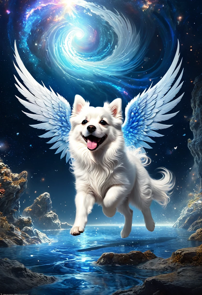  Mythical oriental mythological canid white furry cute dog white angel wings smile wings surrounded by galaxy splashes blue swirl(dynamic)  Exquisite details, 豐富的畫面層次夢想最高品質 HD, masterpiece, Exquisite CG beautiful, Delicate and vivid illustrations, perfectly filmed with complex details, Realistic magical fantasy scene highly detailed structure surreal, Digital art, high detail, HD 