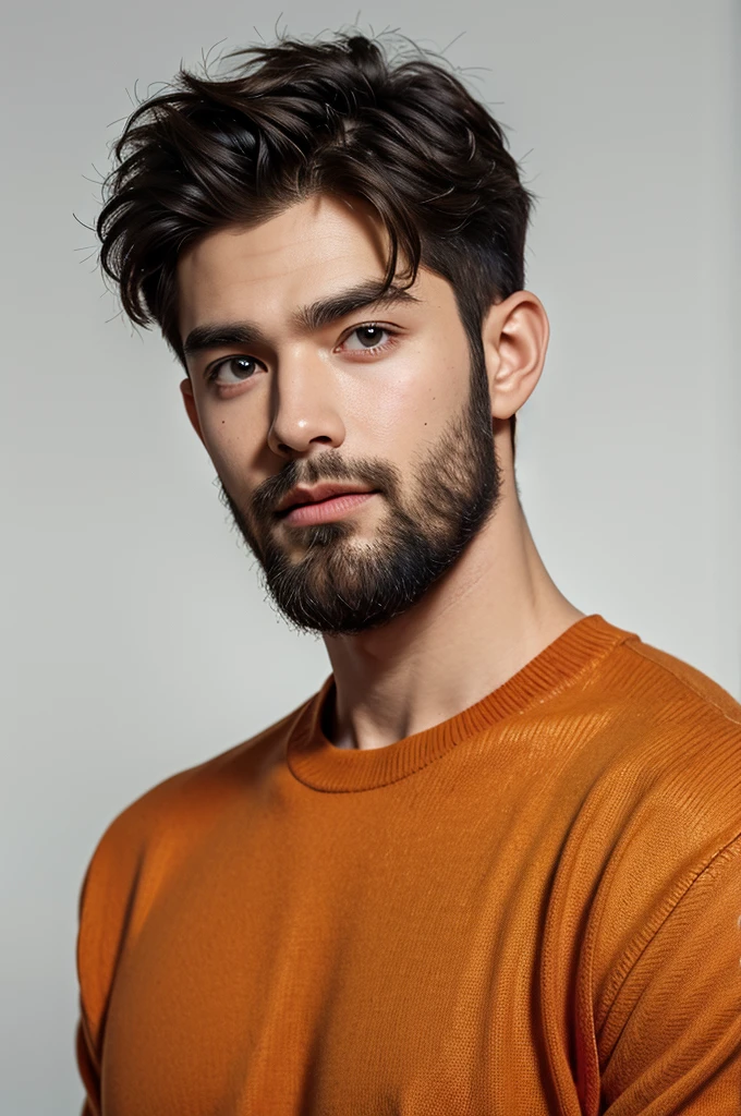 handsome male,beard,upper body portrait,orange sweater,white background,
