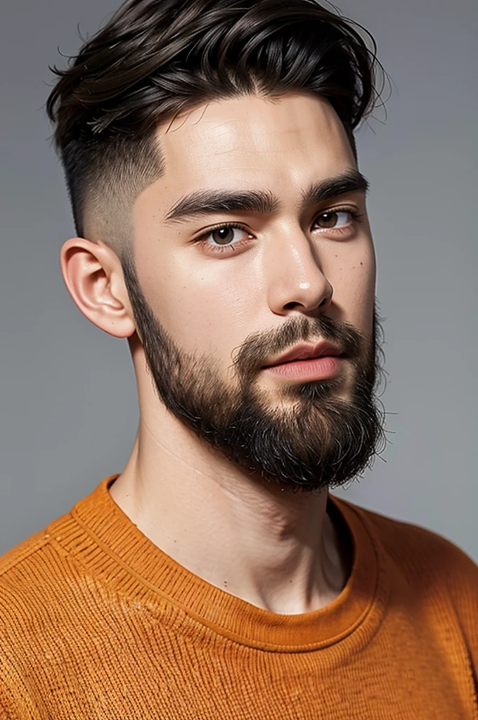 handsome male,beard,upper body portrait,orange sweater,white background,