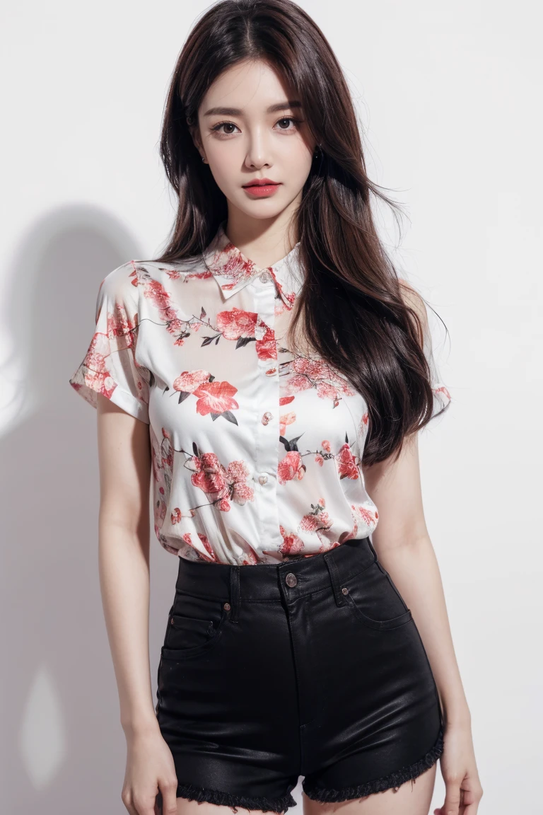 8ก,slim woman, red glossy lips,(The face is very beautiful and detailed.)), (best quality), (Superb details), (A collection of 8K CG wallpapers that are very detailed.),original photo, (stand), (white background) ,(rift),(average light source),shorts,black hair,long hair,(small breasts),(sexy girl)wear(floral shirt)