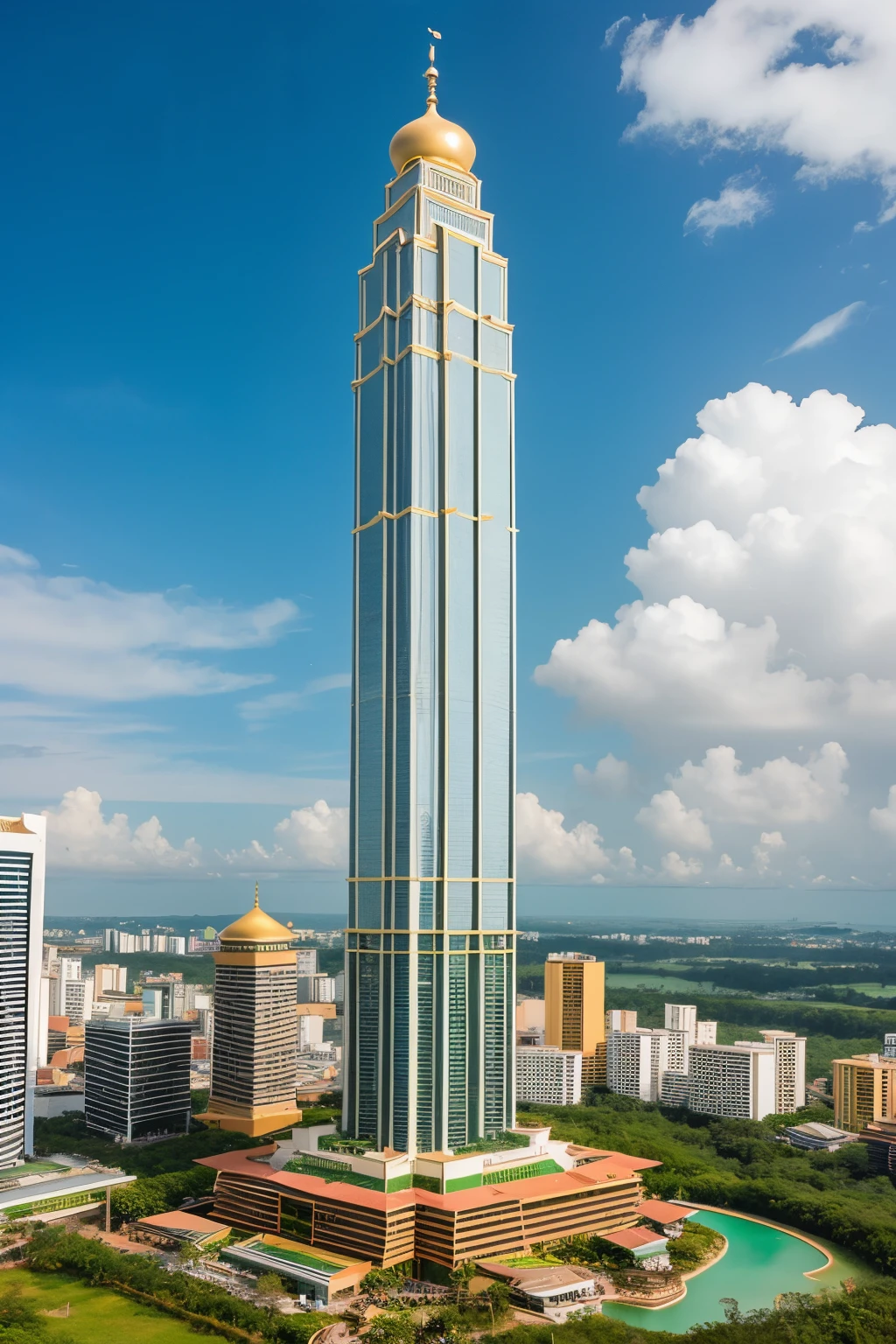((best quality)), ((masterpiece)), (detailed), Unique Brunei darussalam modern sky scraper. Muslim terracotta 
