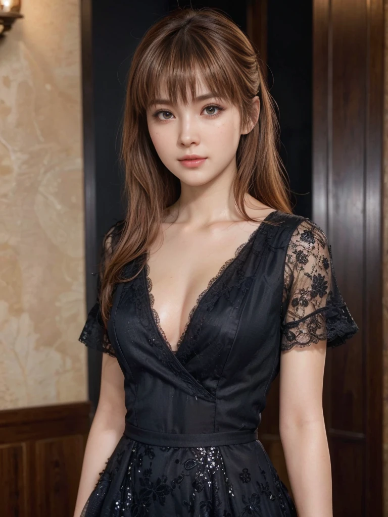 Kasumi, brown eyes, (best quality, ultra-detailed), (realistic:1.37), beautiful and detailed face, ultra-realistic texture, delicate face, delicate body, strong red lipstick, bright colors. High definition, 8K. expression with a slight sweet smile
