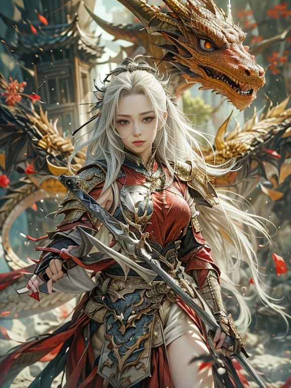 (8k, Highest quality, masterpiece)，(Realistic, RAW Photos, Super Fine Clear), Realistic Light, Detailed skin, Beautiful woman, ((25 year old girl, Dragon Knight:1.5)), Thin legs, fine grain, Long white hair, Detailed fingers, thin, Sexual, Ecstasy Facial Expressions, (Super big bouncy and firm bust), The chest of the armor is wide open, Exposing breasts, (Crimson armor), (garden, Flower Storm), Lakeside palace, 1 Golden Dragon, Stand beside the dragon