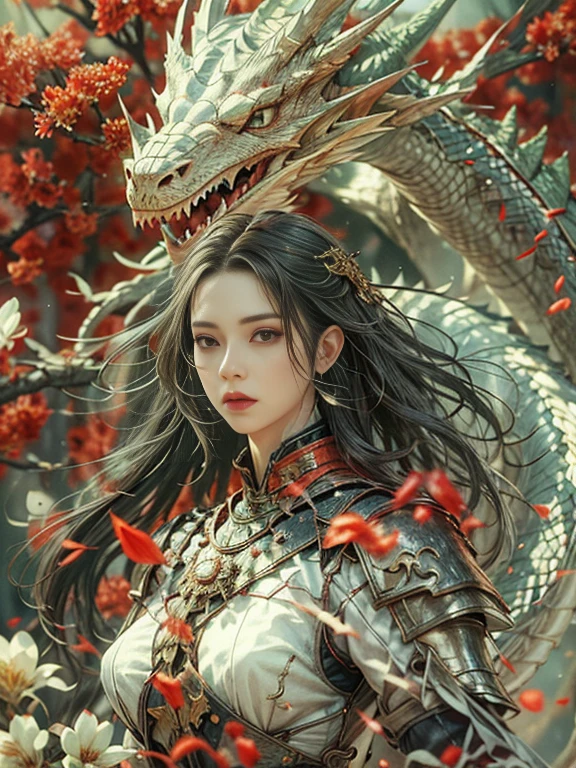 (8k, Highest quality, masterpiece),(Realistic, RAW Photos, Super Fine Clear), Realistic Light, Detailed skin, Beautiful woman, ((25 year old girl, Dragon Knight:1.5)), Thin legs, fine grain, Long white hair, Detailed fingers, thin, Sexual, Ecstasy Facial Expressions, (Super big bouncy and firm bust), The chest of the armor is wide open, Exposing breasts, (Crimson armor), (garden, Flower Storm), Lakeside palace, 1 Golden Dragon, Stand beside the dragon