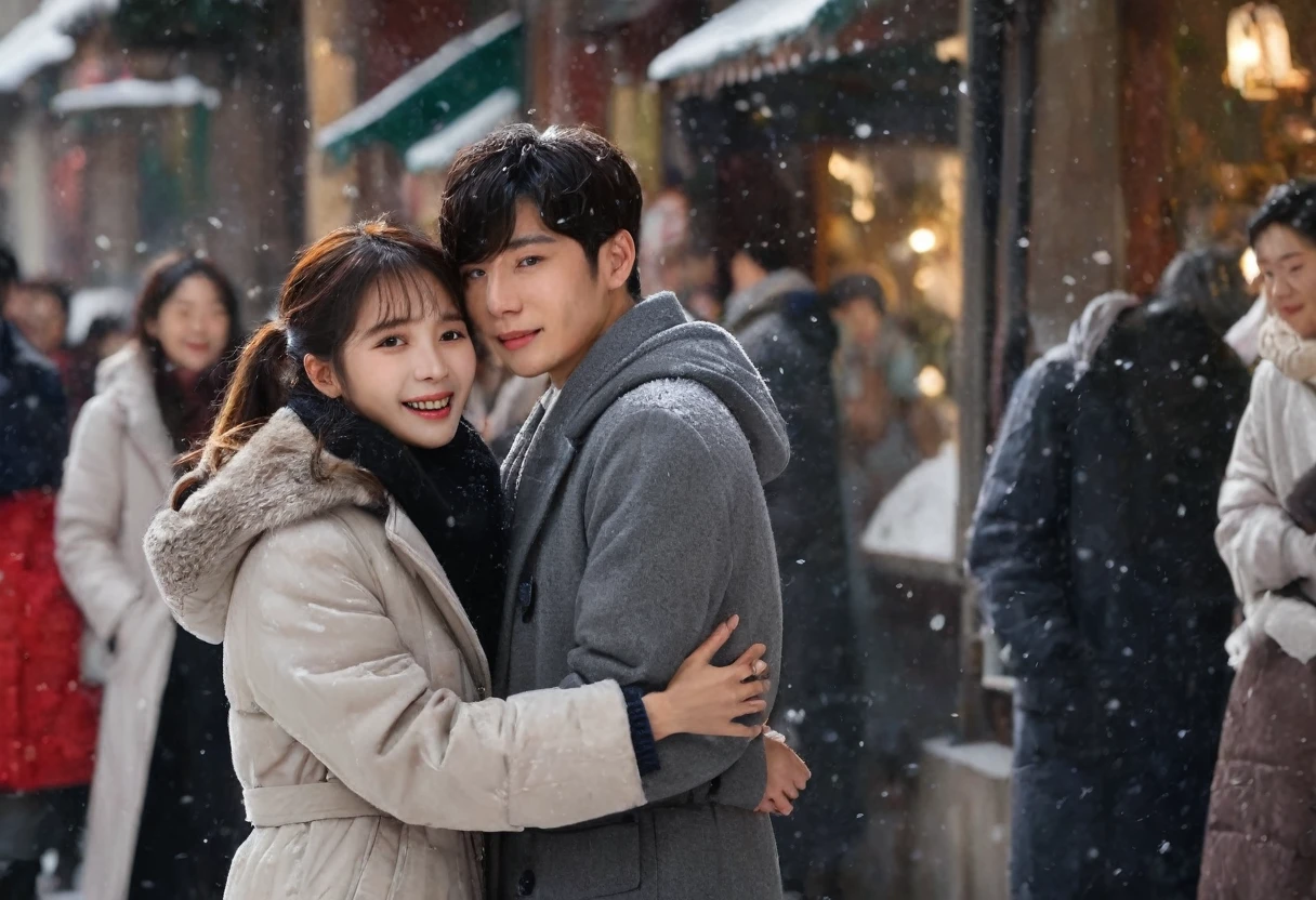 Low angle shot photo, Romantic K-Drama movie stills, korean,best quality,8K,high resolution,Very detailed,very clearly,Snowy Days,Commercial Street,(Many fashionable boys and girls are shopping),(Warm and lively atmosphere), Delicate texture,Smooth visible velvet,Wear pearl jewelry,High-end decoration,The male and female protagonists hugs,People around cheered and applauded