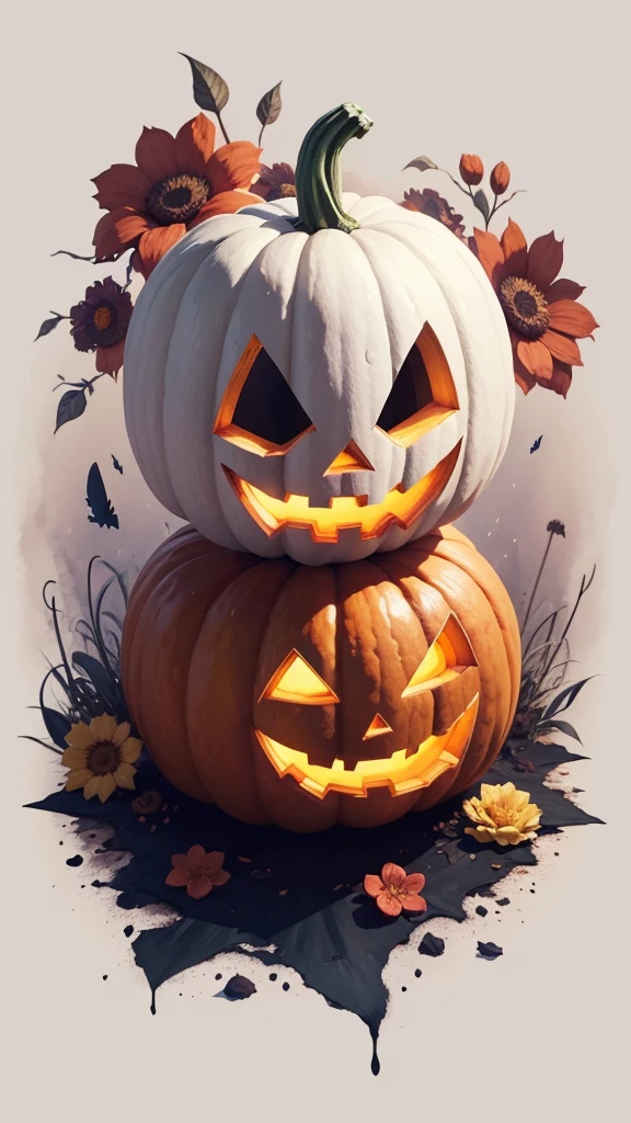 Watercolor illustration, Halloween, Scary pumpkin, Colorful flowers, High resolution,8k. ((White Background))