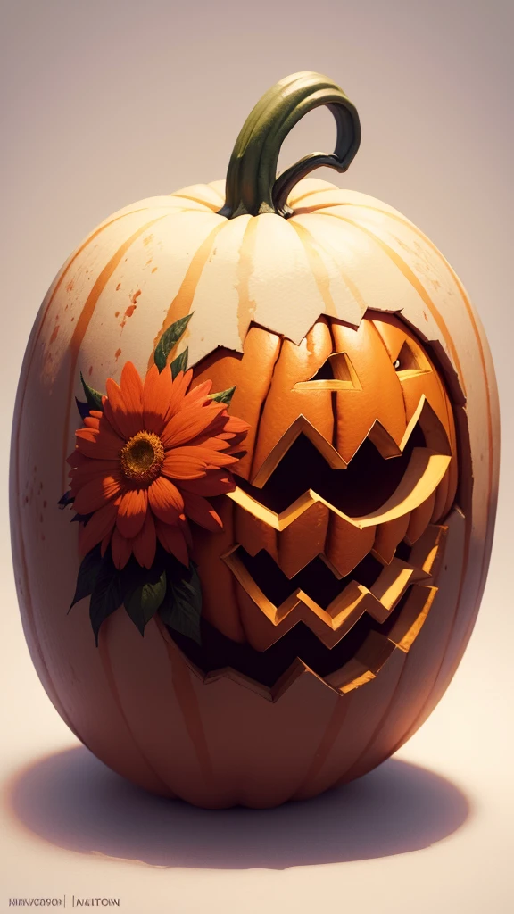Watercolor illustration, Halloween, Scary pumpkin, Colorful flowers, High resolution,8k. ((White Background))