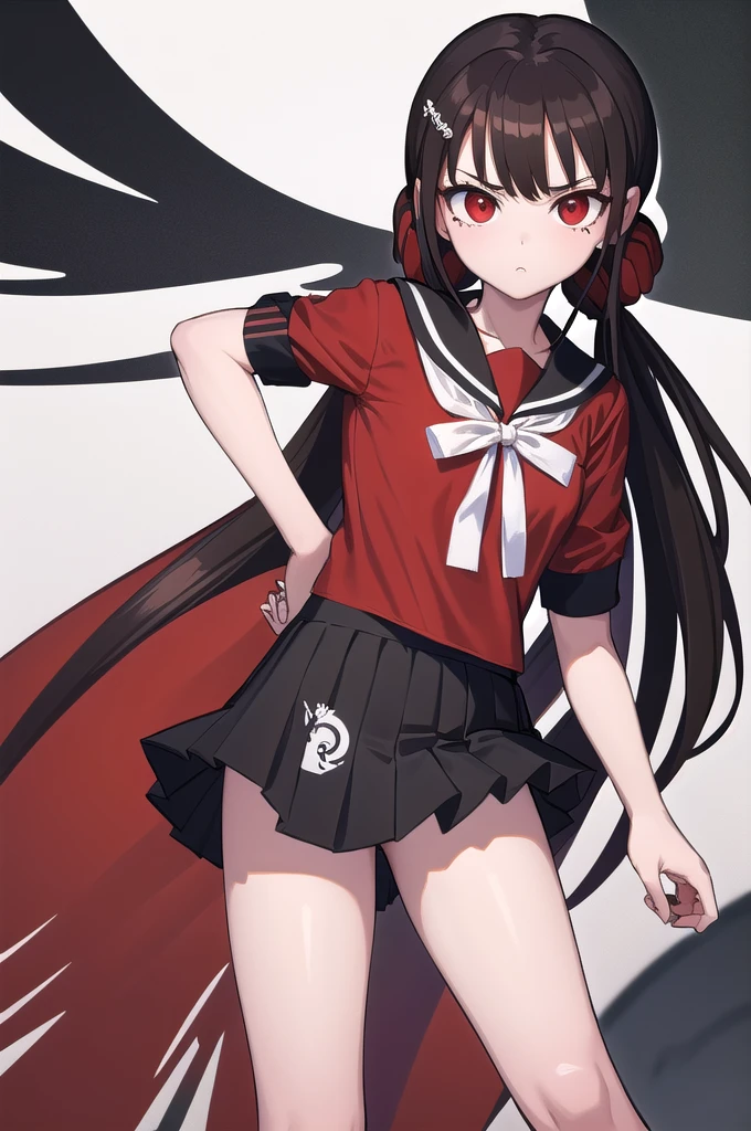 masterpiece, Highest quality, Ultra high definition, Spring Roll, Red eyes, Brown Hair, Low twin tails, Red scrunchie, Mole under the eye, Hair Clip, White ribbon, Red Seraph, Black sailor collar, Black Skirt, Pleated skirt, Rolled up my sleeves, Red knee socks, Put your hands in your pockets