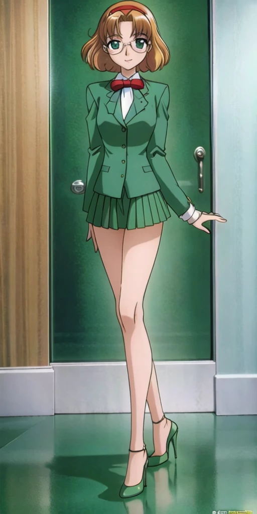 fuu hououji, (4k portrait), masterpiece, best quality,looking at viewer, 1girl,short hair,light brown hair,Glasses,((red hairband)),green blazer,(mini skirt:1.4),(green high heels:1.4), smile,masterpiece,Noise Reduction,perfect anatomy,high resolution, ultra-detailed,game cg,dutch angle ,beautiful detailed eyes,visualart,five fingers, perfect hands, perfect lighting,BREAK (pants,1.5), full body, arms at sides, BREAK (indoor:1.6), (Elevator Hal:1.3)