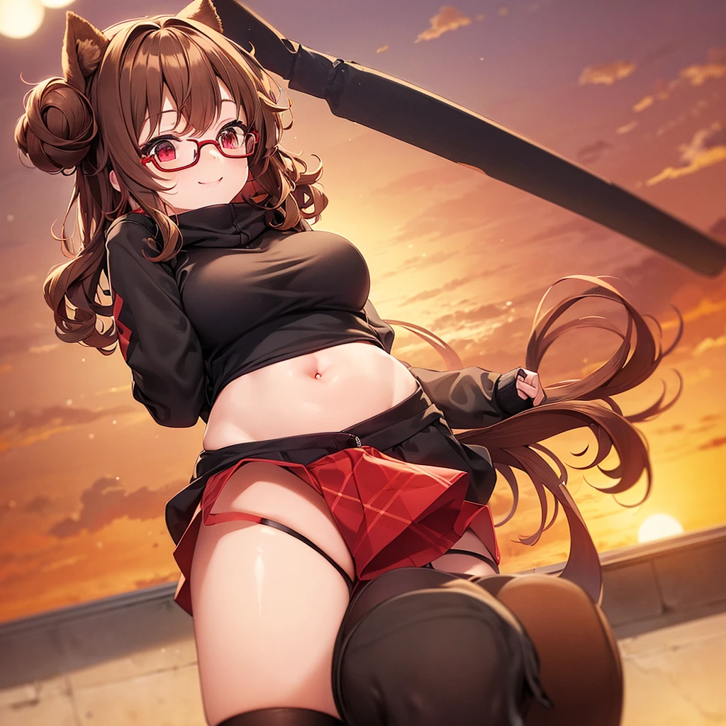 One Girl, Girl body type, Light brown short hair with outward curls, Big Tits, Mischievous Smile, Red Eyes, Animal Ears, Red Glasses, Winter clothes, Black innerwear, Black and red outer jacket, Black Skirt, Black knee-high socks, Free Pose, Under the sunset sky
