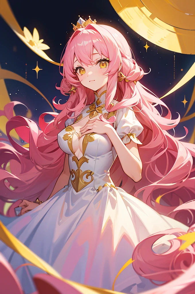 long pink wavy hair and yellow eyes, princess dress and 25 year old girl with