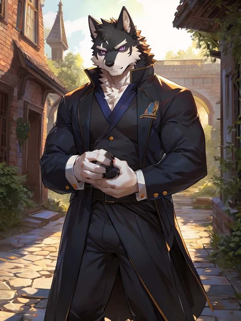 embedding:black wolf, male,purple eyes,Scar on the face, scar on the body,Single person，Black suit,Black waistcoat,Smart posture, smart expression,Standing in the shade of a tree,Turn sideways,In front of the characters is the house.Manor style architecture,With the box in his hand,Tall, mature,father，A modern manor,In the courtyard,Gravel road,Serious,Handsome, silent,Maturity,The highest quality of scene detail,adult,Tall and powerful,muscle，Exquisite scenes,Best quality hands, best quality eye，detailed fur，Delicate eyes.Extreme picture quality，by sollyz,by zixiong,by milkytiger1145