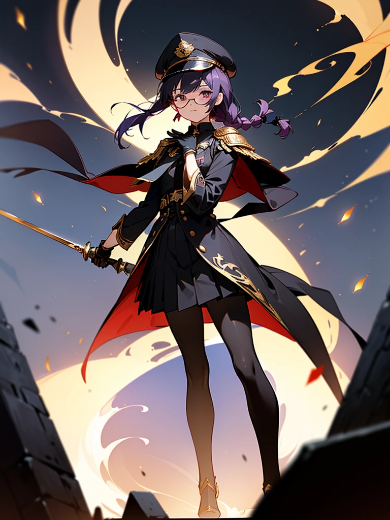 realisitic, City Deserted, Pile of rubble, Brick building, a one woman (18 years old, far away blackw hair, far away slits, Eyes red, glare eyes, 精致的面容, standing (In floor, feet shoulder-width apart), Lolita style military uniform (blackw base, Red Insert, golden decoration, volantes, wide sleeves, dainty and delicate detailing armors), blackw far away gloves (blackw, Red Insert, golden decoration, small hands, armors), blackw far away gloves, knee high boots (blackw, high-heels, red soles), ha (blackw, aba dourada, shield emblem, delicate details), arms in front, Front of belly, Holding military swords with both hands (blackw, golden decoration, delicate detail, Handle at the top, Ground-facing blade, in front of the body, far away), night sky (blackw, stele, Increased flames and smoke) Pale painting style, One Girl, super high quality, Super Detail, Super Detailed image, long hair, looking at viewer, skirt, shirt, hair ornament, violet eyes, gloves, round glasses, long sleeves, hat, closed mouth, jacket, violet hair, braid, open clothes, necktie, black gloves, black skirt, uniform, single braid, open jacket, black jacket, black headwear, 手链, Peaked cap, black necktie, cropped jacket, military hat, pantyhose, Flat Chest, smile, Black Cape
