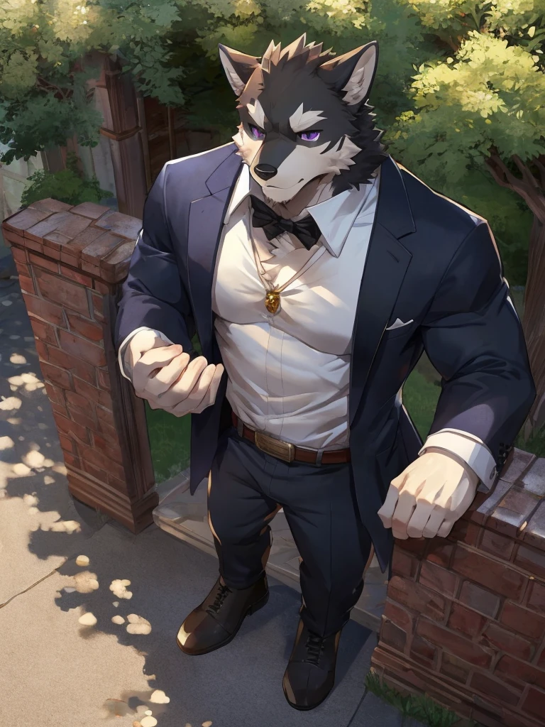 embedding:black wolf, male,purple eyes,Scar on the face, scar on the body,Single person，Black suit,Black waistcoat,Smart posture, smart expression,Standing in the shade of a tree,Turn sideways,In front of the characters is the house.Manor style architecture,With the box in his hand,Tall, mature,father，A modern manor,In the courtyard,Gravel road,Serious,Handsome, silent,Maturity,The highest quality of scene detail,adult,Tall and powerful,muscle，Exquisite scenes,Best quality hands, best quality eye，detailed fur，Delicate eyes.Extreme picture quality，by sollyz,by zixiong,by milkytiger1145