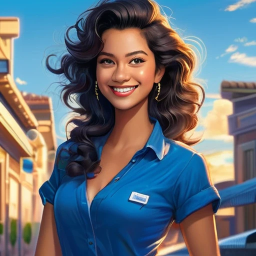 ---
"A young woman with curly hair and a big smile is standing in an outdoor setting with buildings in the background. She is wearing a blue button-up shirt with a name tag. She is holding an air conditioner remote control in her hand and pointing it towards an air conditioner unit. The scene is bright and sunny with a clear blue sky."
---