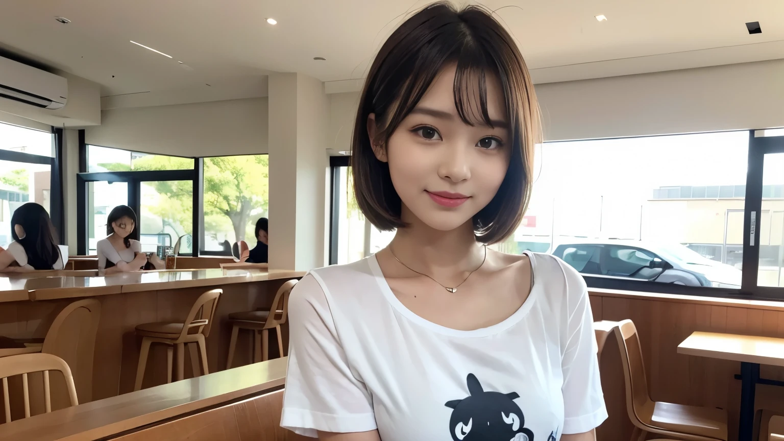 super high quality, Fashion Model, smile, Slenderのネックレス, Slender, The staff is working at the counter in the back., (8k、RAW Photos、Highest quality、masterpiece:1.2), Japanese Idol, Stylish café, (Realistic、Photorealistic:1.37), Bob Hair, Mesh Hair, Urban Cafe, Golden Ratio, Raw photo, Cute face , Light Brown Hair, Small breasts, Bright cafe interior, Blurred Background, Summer clothes, Beautiful hairstyle, Cafe Terrace, Open Cafe, Photographed inside the cafe, Hair blowing in the wind, boyish, T-Shirts, 18-year-old, younger sister,