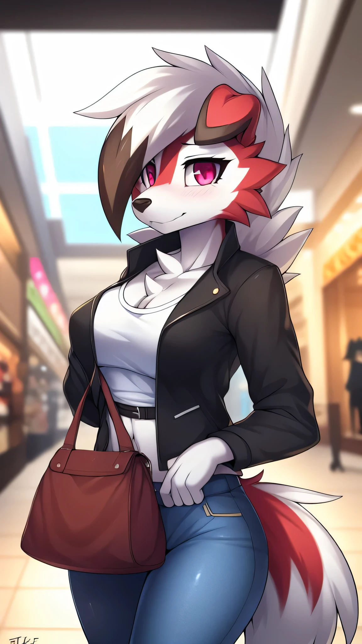 from Zinfew,отwistedscarlet60, uploaded to pixiv, from down-kevlar, (masterpiece), (Best quality), (Solo Woman:1.2), (extremely detailed:1.3),(detailed eye,black circle on the eye,Pink Eye), Lycanroc midnight, view in viewer, close view, Shy face, half body in portrait, only body and head, close view, Lycanrock close up photo, Wearing a Women's Shirt with a V-Neck Crop Top, white T-shirt, fashionable Korean women's T-shirt with a tight-fitting open jacket in gray, in jeans, in the mall, Carry an expensive bag