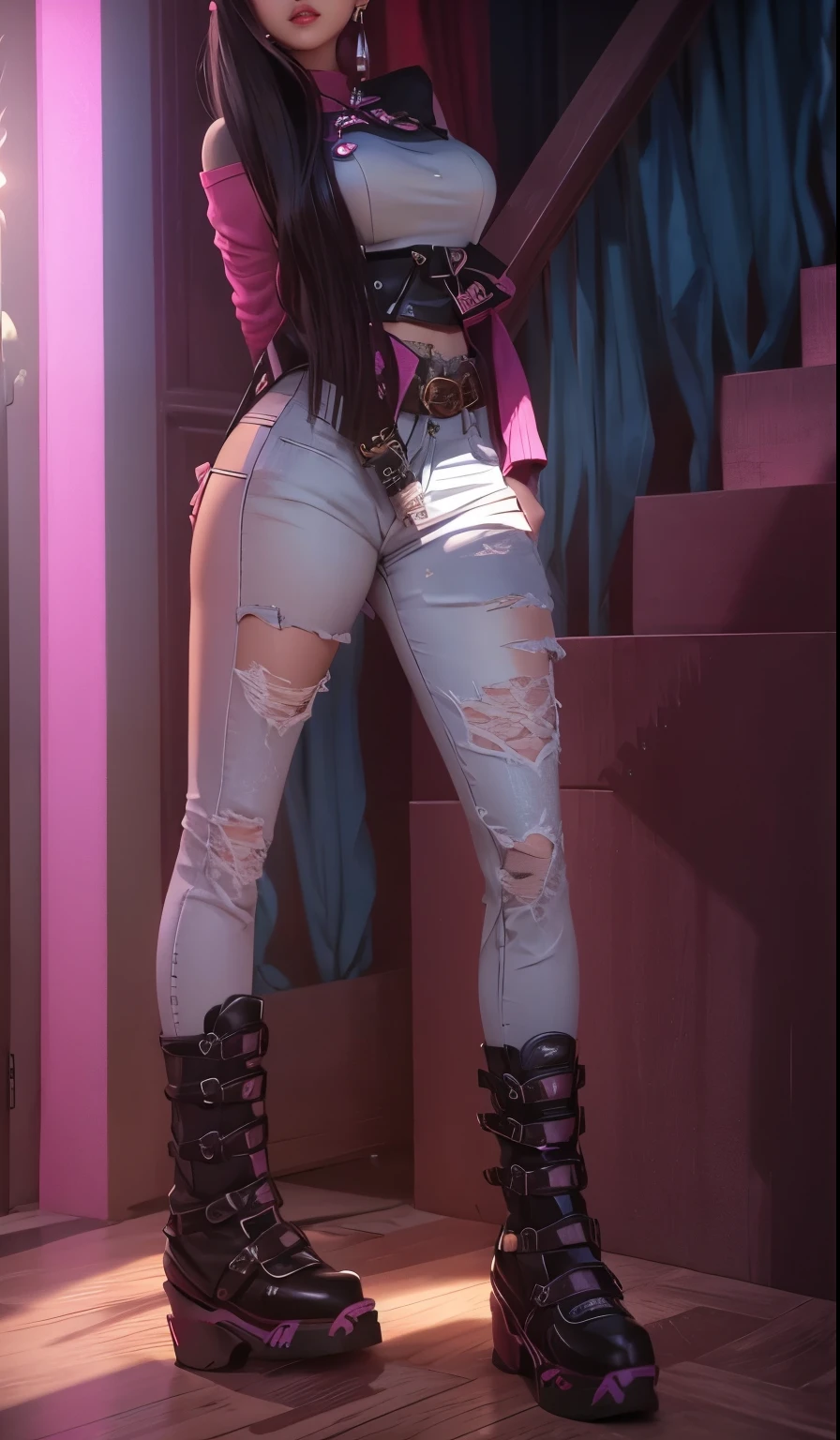 aVATAR SECOND LIFE Korean girl wearing pink blouse, Asian, Perfect and detailed face, imvu, maximalist details, AVATAR SECOND LIFE Korean blusa , neon, jeans, long boots