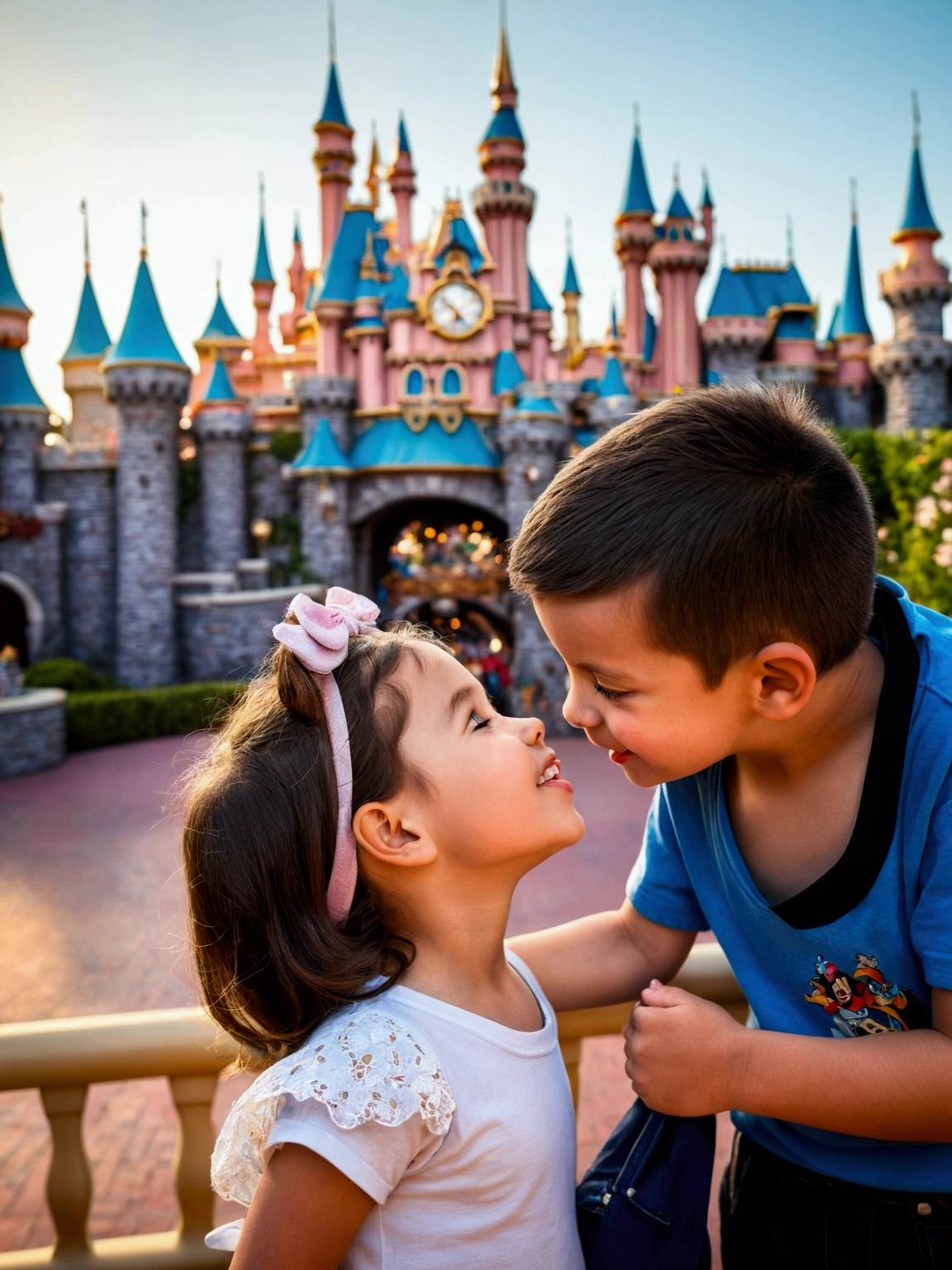 two children standing next to each other while having fun, Disneyland, Disneyland, Disneyland as backdrop, dream world, kissing together cutely, background is Disneyland castle, profile picture, Disney 8 K photo, profile picture, Theme Park, Disneyland background, photo taken in 2 0 2 0, kissing together, smile at each other, kisses are wordless spells