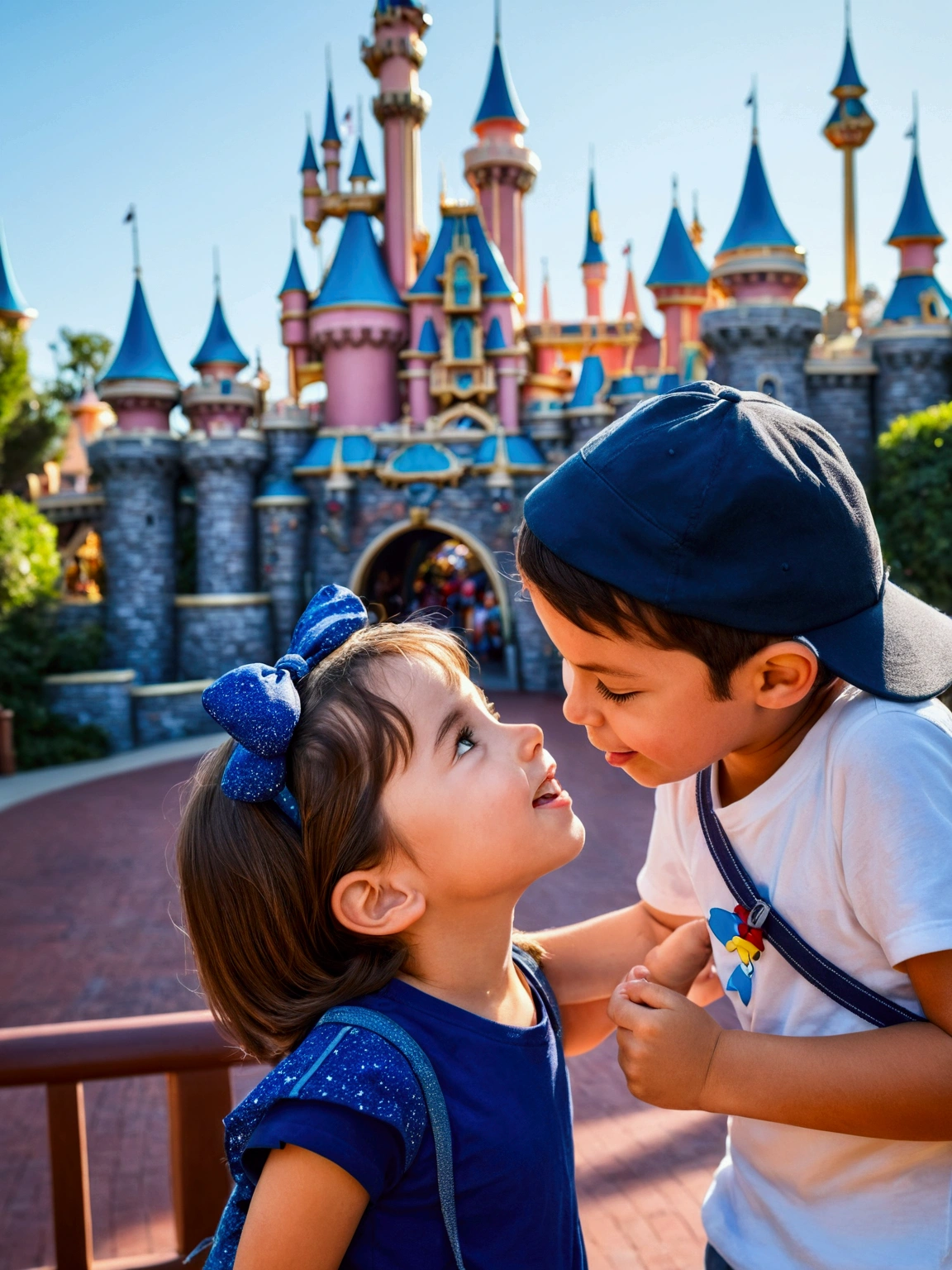 two children standing next to each other while having fun, Disneyland, Disneyland, Disneyland as backdrop, dream world, kissing together cutely, background is Disneyland castle, profile picture, Disney 8 K photo, profile picture, Theme Park, Disneyland background, photo taken in 2 0 2 0, kissing together, smile at each other, kisses are wordless spells