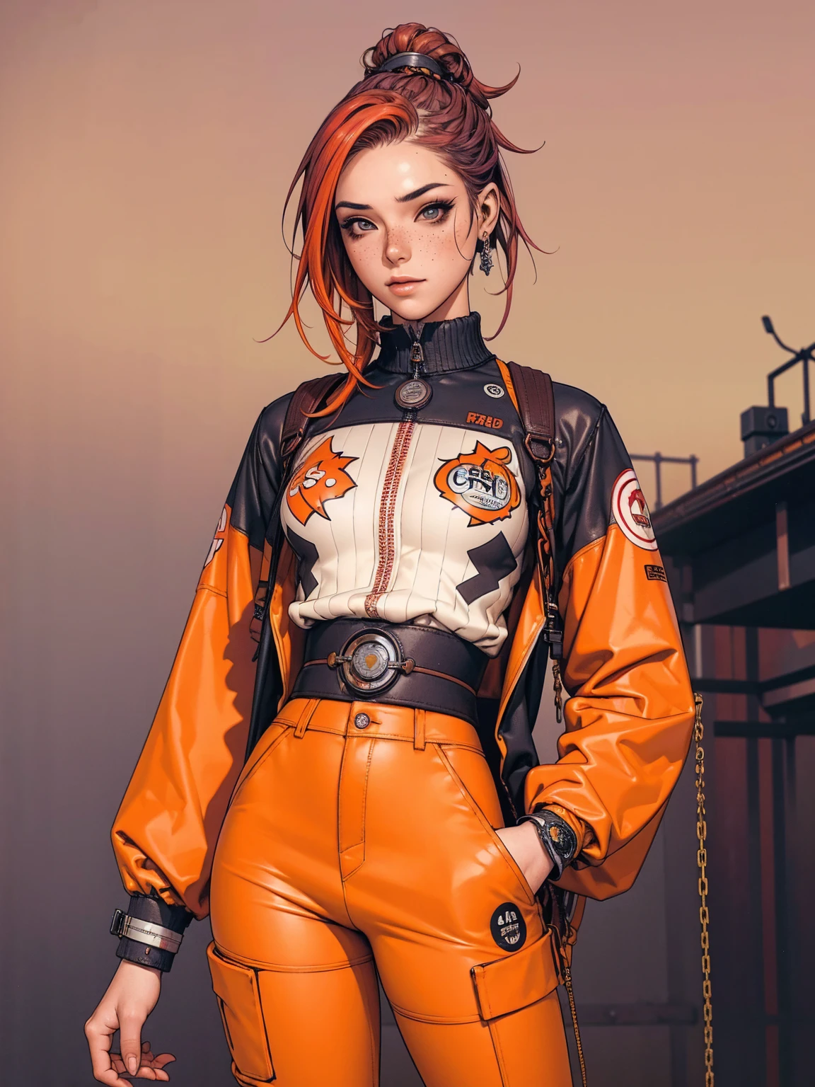 (((best qualityer))), (((manga strokes))), (((messy and colorful punk hair))), (((freckles))), uma Kizi jovem muito bem vestida com roupas modernas de inverno, wide pants with red and black zig-zag pattern, top gift vertical stripes, short jacket with dark fur collar, beautiful and expressive face, slightly-smile, big eyes with long black eyelashes, heavy make-up, chains and zippers spread across clothes, contrasting colours, pose de atitude, hair with a modern and futuristic cut, urban game poster art, dramatic camera angles, graffiti art elements in the background, design mixing contemporary and retro by Shepard Fairey, (((cowboy shot))), (((best qualityer: 1.4))), (Unbeatable masterpiece), (hiper HD),(CG 8k hyper-realistic), Kizi, (((standing alone))), pirralha violent, (((14歳))), sexly, pose de atitude, work of art, post-apocalypse, (((manga style))), bounty hunter, violent, Manic, the way you want, slenderbody, thin but strong, perfectbody, roupa moderna, advanced technology, neon, sleeves with vertical striped pattern, neutral background, (( cowboy shot )). intricate visual