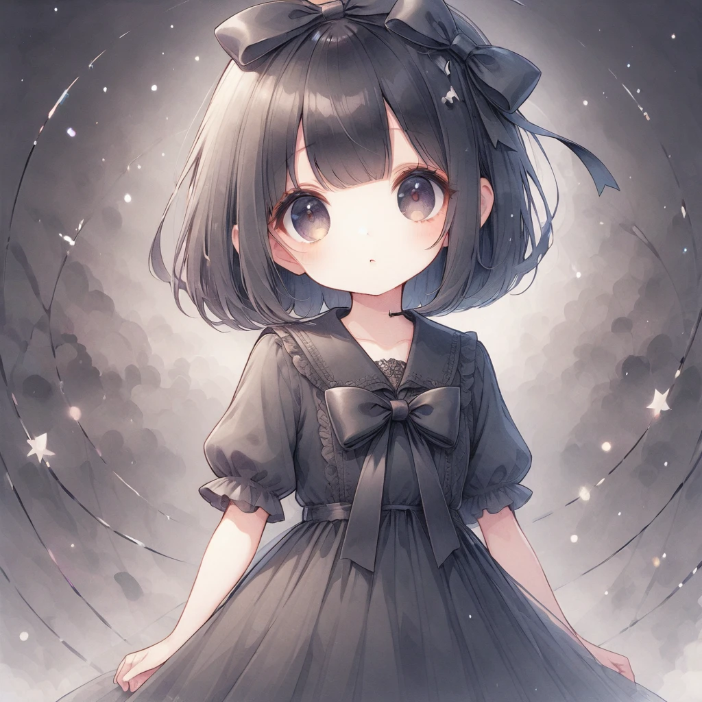 Dark Eyes,Black Hair,Big ribbon on head,Bob,Black dress