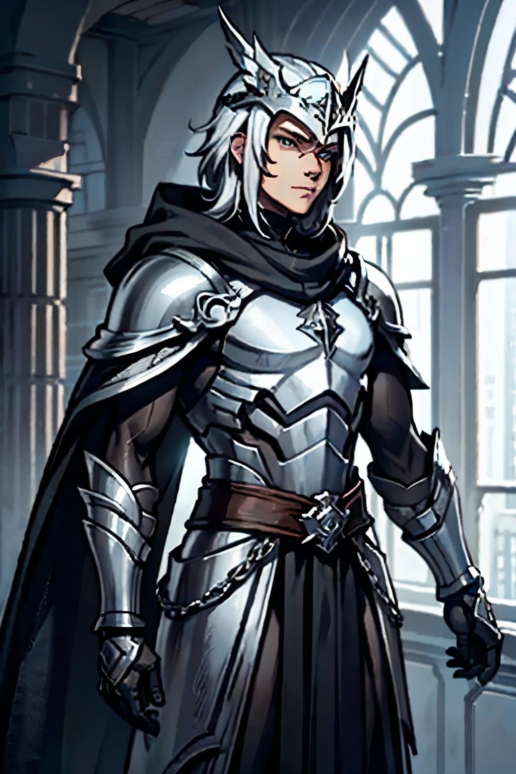 Male Warrior,Silver Armor,Silver hair,Silver Dragon Helmet,cloak,Standing,Handsome,HD