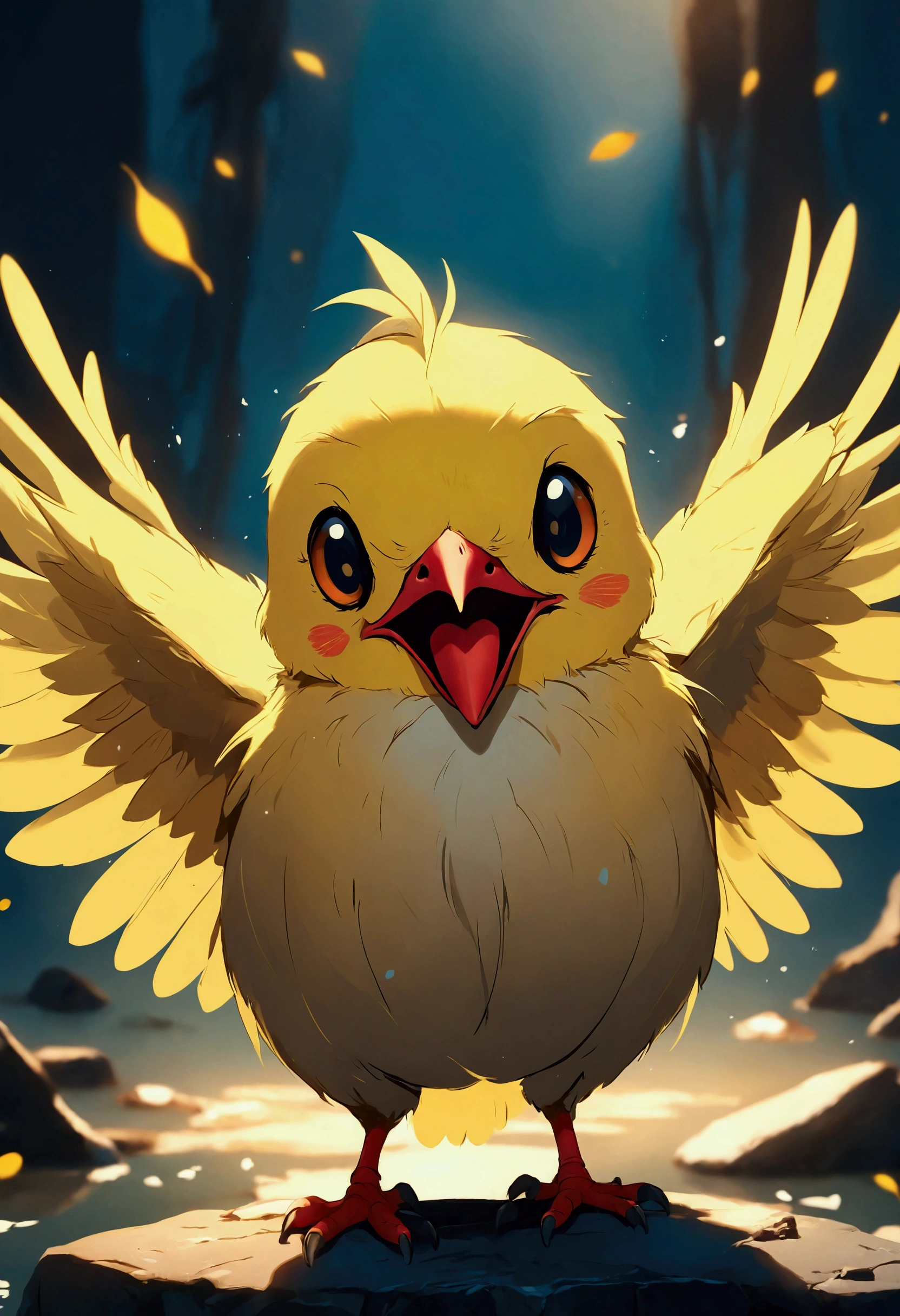 1girl, yellow bird, red beak, cute expression, simple background, right eye light blue, left eye light grey, best quality, 4k, 8k, highres, masterpiece:1.2, ultra-detailed, realistic, photorealistic, photo-realistic:1.37, HDR, UHD, studio lighting, ultra-fine painting, sharp focus, physically-based rendering, extreme detail description, professional, vivid colors, bokeh, cute, adorable, fluffy, soft, gentle, tender, endearing, warm, charming, sweet, eyes, one blue, and one gray
