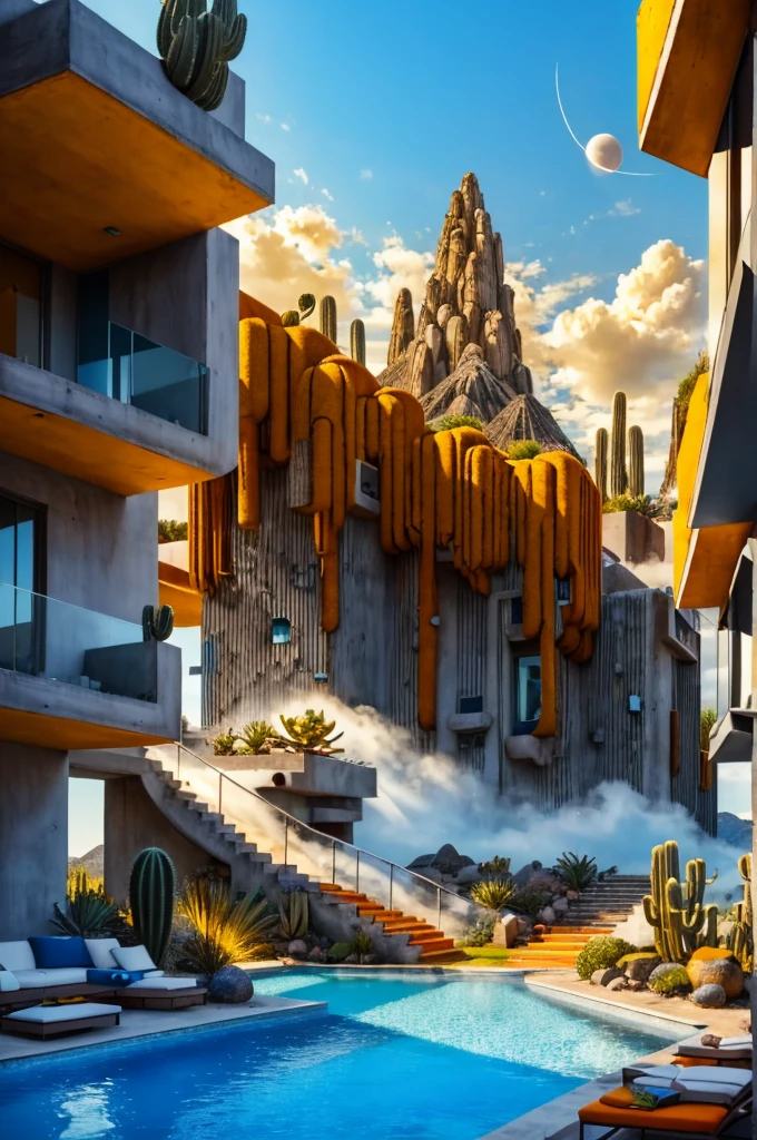 An illustration in collage style, with giant boulders, brutalist building sections, terraces, stairs, cacti, agave, concrete texture, multiple geometric shapes, hatch and cross hatching, planet saturn, volcano, moon, Luis Barragán's architectural style build, milky way galaxy, violet, one motorcycle, An illustration in collage style, with giant boulders, brutalist building sections, stairs, cacti, agave, concrete texture, multiple geometric shapes, hatch and cross hatching, planet saturn, volcano, moon, Luis Barragán's architectural style build, reflective pool, terraces. An elegant and modern build, in top of big boulders, with terraces, materials concrete, wood, steel and crystal, various gardens with tropical vegetation, cacti and rocks, stairs, a pool. In middle of sea, a big wave near, sunset, mountains and a volcano in the horizont, cute islands around, illustration format, cute color palette, detailed, masterpiece, award-winning work, clouds, Illustration, a garden with abundant cacti, ((various organic sculptures)), ((big rocks)), (((multiple sections))), collage style, detailed, (((color palette (olive green), (Mustard orange), cool grey, ((blue)), black and white))), (((a lot Luis barragán's architecture style builds))) big clouds, volcano in horizon, stairs, in the desert. ((masterpiece, best quality)),illustration,ultra detailed 8k, ((Ori Toor visual style)),soviet, megabuildings, megastructures, buildings, organic steel sculpture