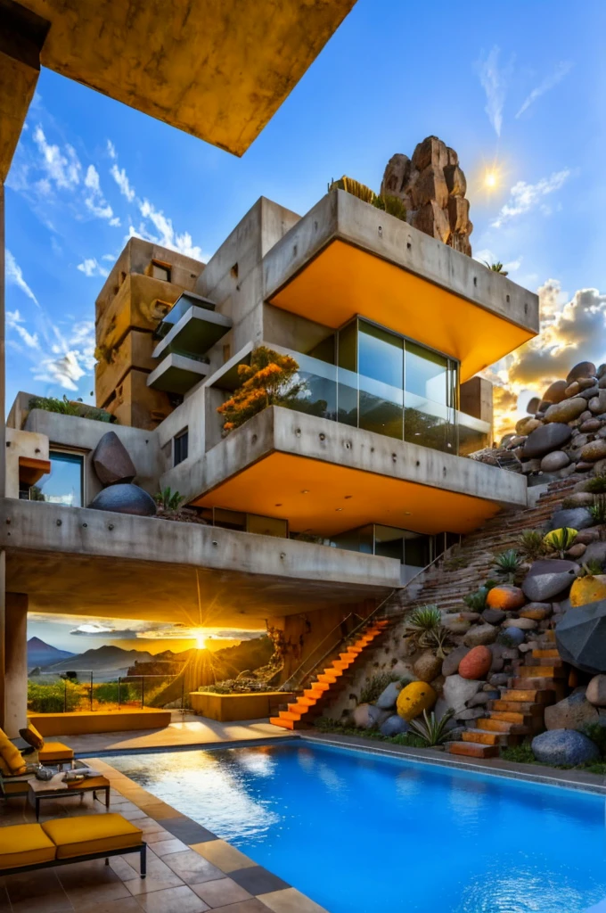 An illustration in collage style, with giant boulders, brutalist building sections, terraces, stairs, cacti, agave, concrete texture, multiple geometric shapes, hatch and cross hatching, planet saturn, volcano, moon, Luis Barragán's architectural style build, milky way galaxy, violet, one motorcycle, An illustration in collage style, with giant boulders, brutalist building sections, stairs, cacti, agave, concrete texture, multiple geometric shapes, hatch and cross hatching, planet saturn, volcano, moon, Luis Barragán's architectural style build, reflective pool, terraces. An elegant and modern build, in top of big boulders, with terraces, materials concrete, wood, steel and crystal, various gardens with tropical vegetation, cacti and rocks, stairs, a pool. In middle of sea, a big wave near, sunset, mountains and a volcano in the horizont, cute islands around, illustration format, cute color palette, detailed, masterpiece, award-winning work, clouds, Illustration, a garden with abundant cacti, ((various organic sculptures)), ((big rocks)), (((multiple sections))), collage style, detailed, (((color palette (olive green), (Mustard orange), cool grey, ((blue)), black and white))), (((a lot Luis barragán's architecture style builds))) big clouds, volcano in horizon, stairs, in the desert. ((masterpiece, best quality)),illustration,ultra detailed 8k, ((Ori Toor visual style)),soviet, megabuildings, megastructures, buildings, organic steel sculpture