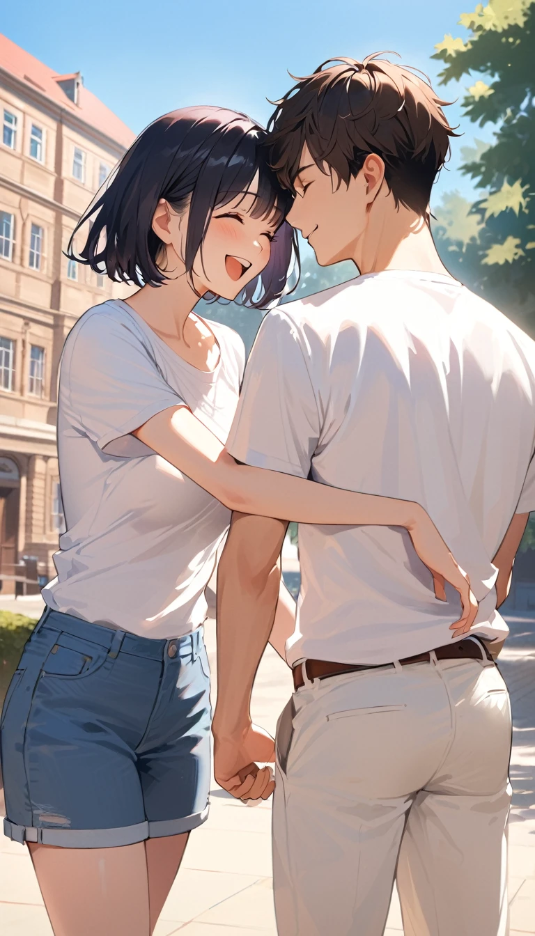 super detail, best quality, under the summer sun, a college couple, a man and a woman, are facing each other and laughing happily in front of the university. BREAKE The man has short black hair, wears a white T-shirt and blue jeans. BREAK The woman has a dark brown short bob haircut, wears a light blue blouse and white pants. BREAKE The background shows the university building.
